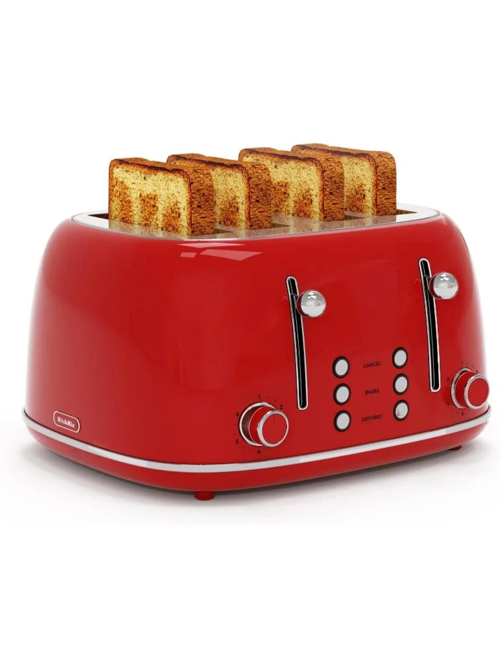 4 Slice Red Retro Stainless with 6 Bread Shade Settings 1.5''Wide Slots Toaster